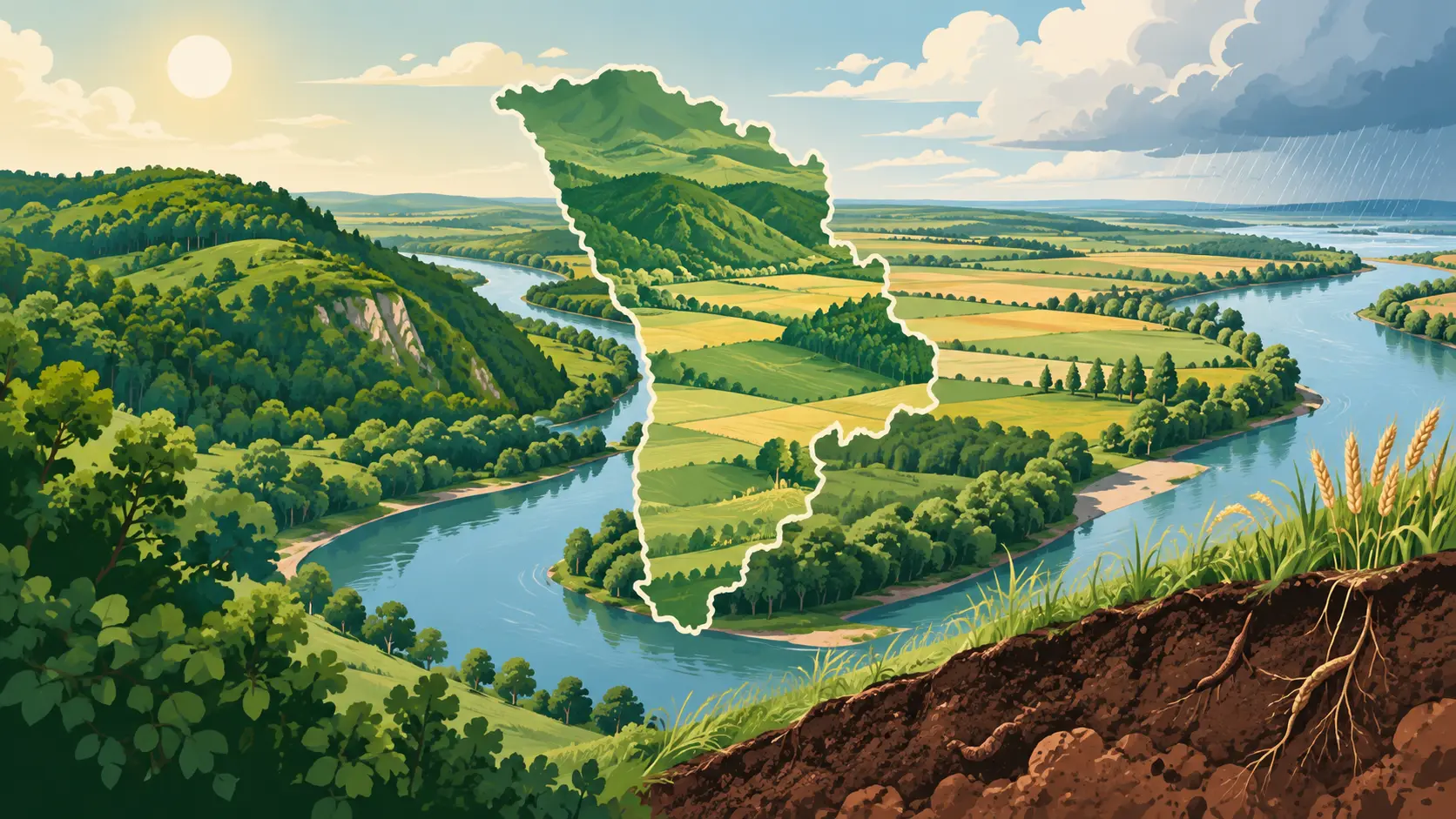 Dealuri ondulate și o vale de râu, ilustrând relieful și geografia Moldovei