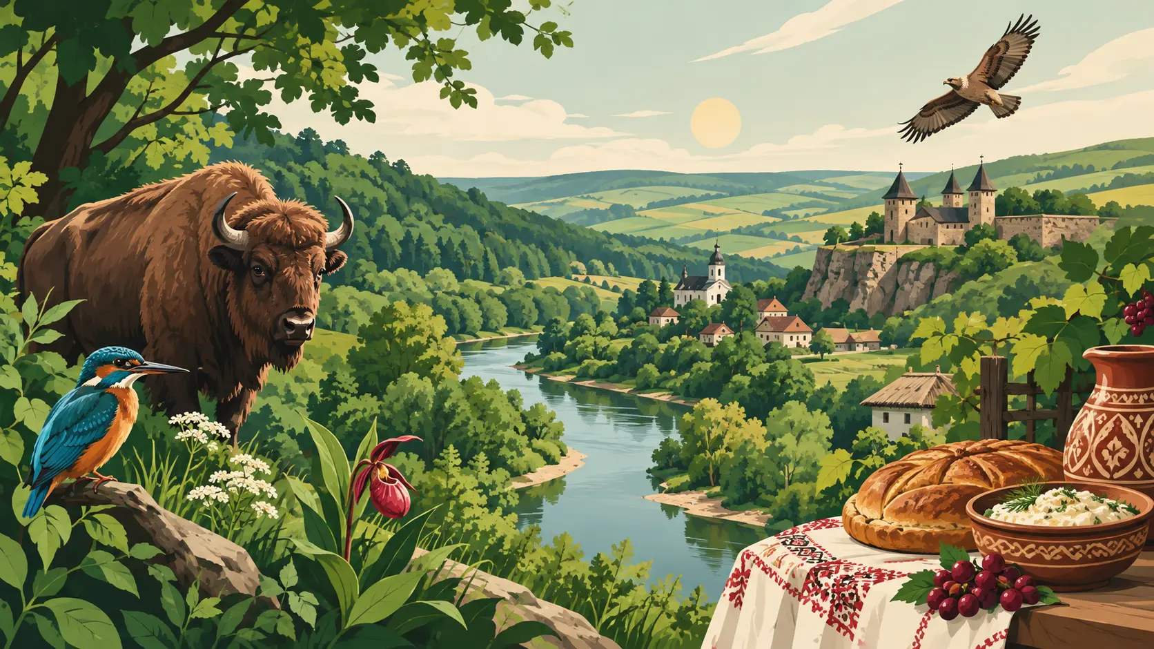 Peisaj stilizat cu dealuri împădurite, un râu și soarele deasupra, imagine de prezentare pentru Wilderness Moldova