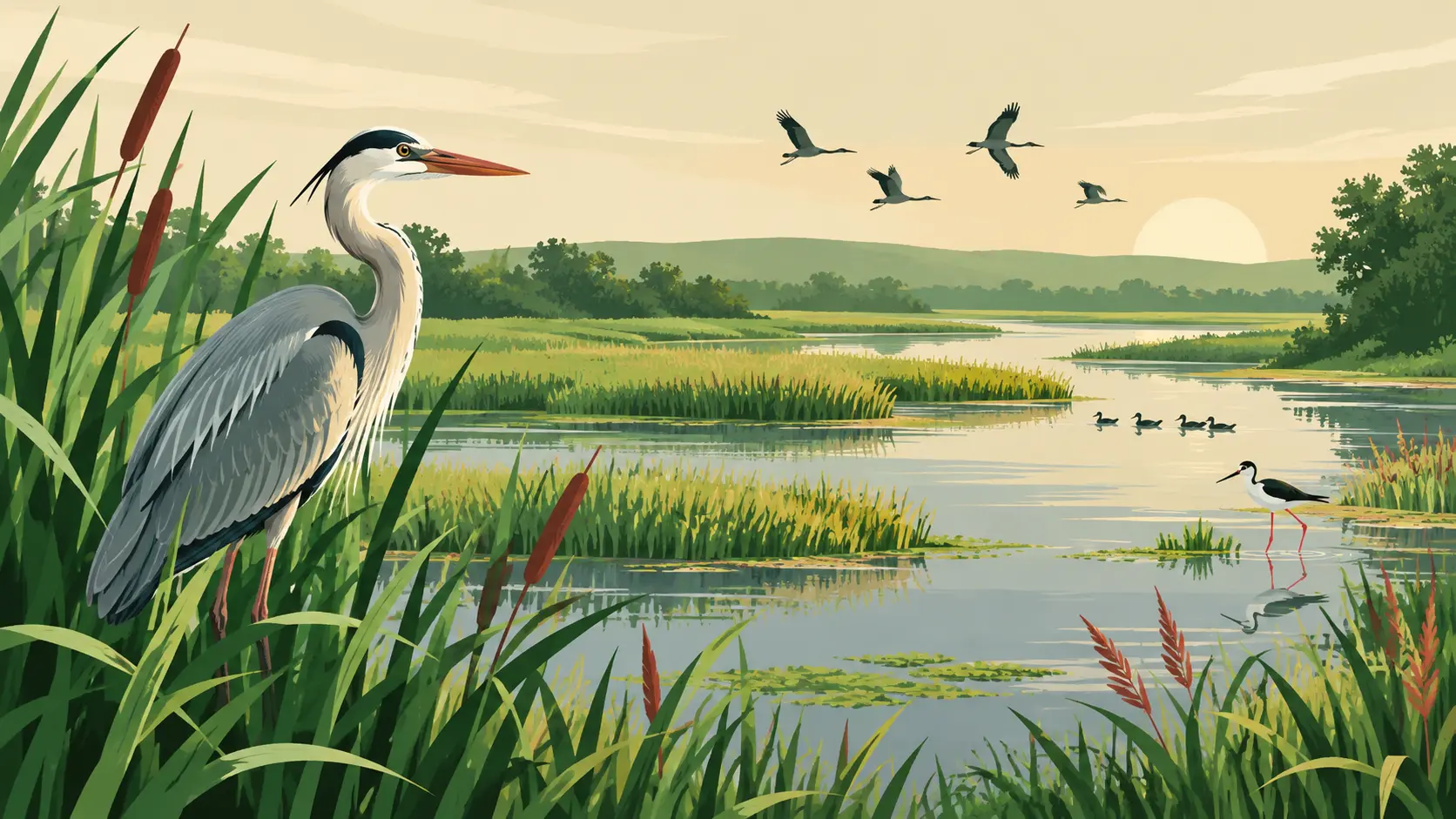 Lac cu stufăriș și păsări de apă, ilustrând zona umedă Prutul de Jos din sudul Moldovei