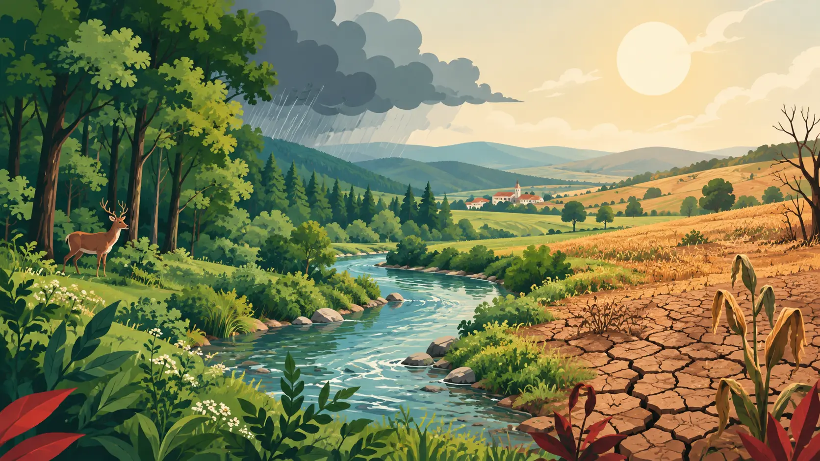 Soare puternic deasupra unor dealuri uscate, simbolizând schimbările climatice în Moldova